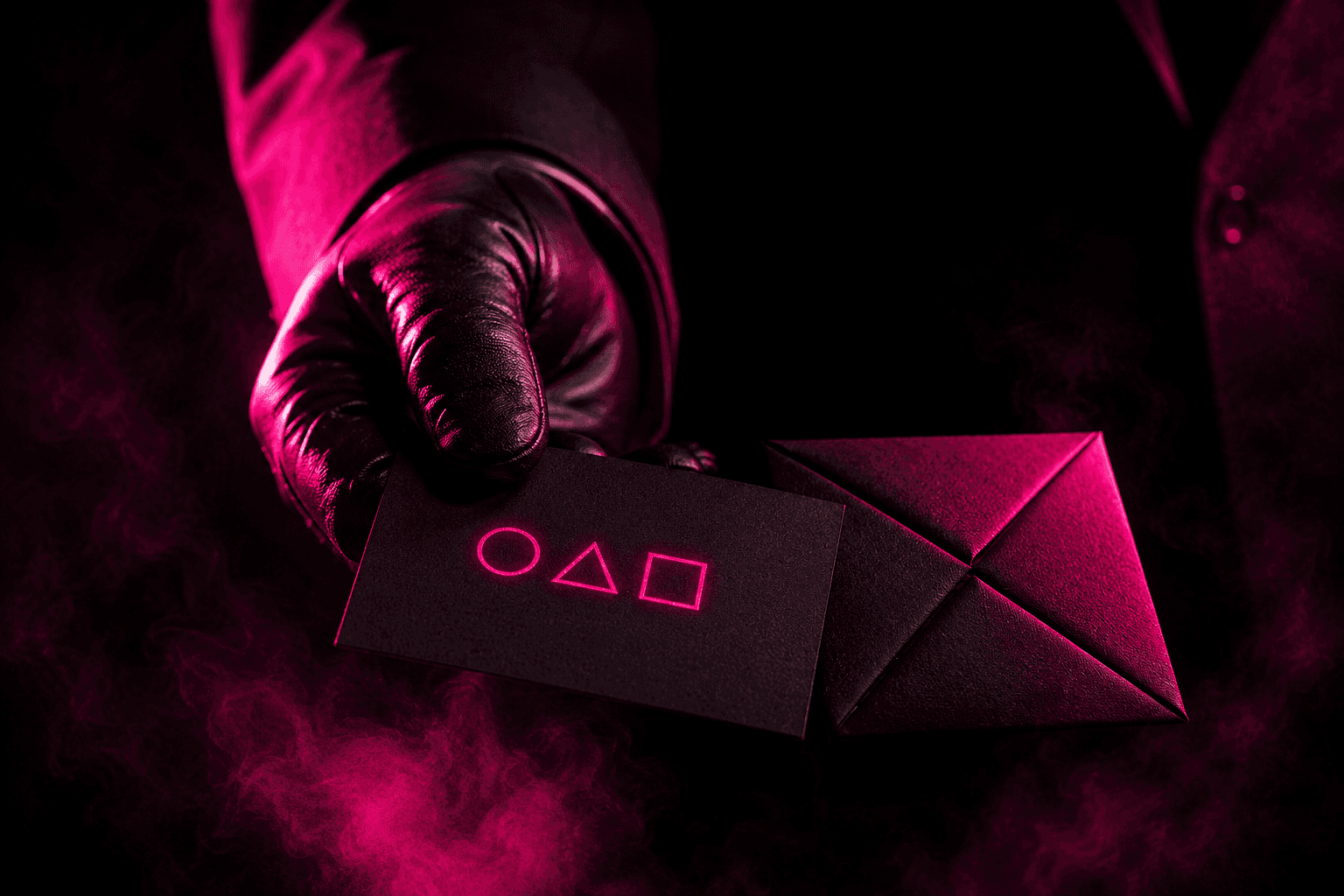 A gloved hand offering the $SQUID calling card marked with a circle, triangle and square