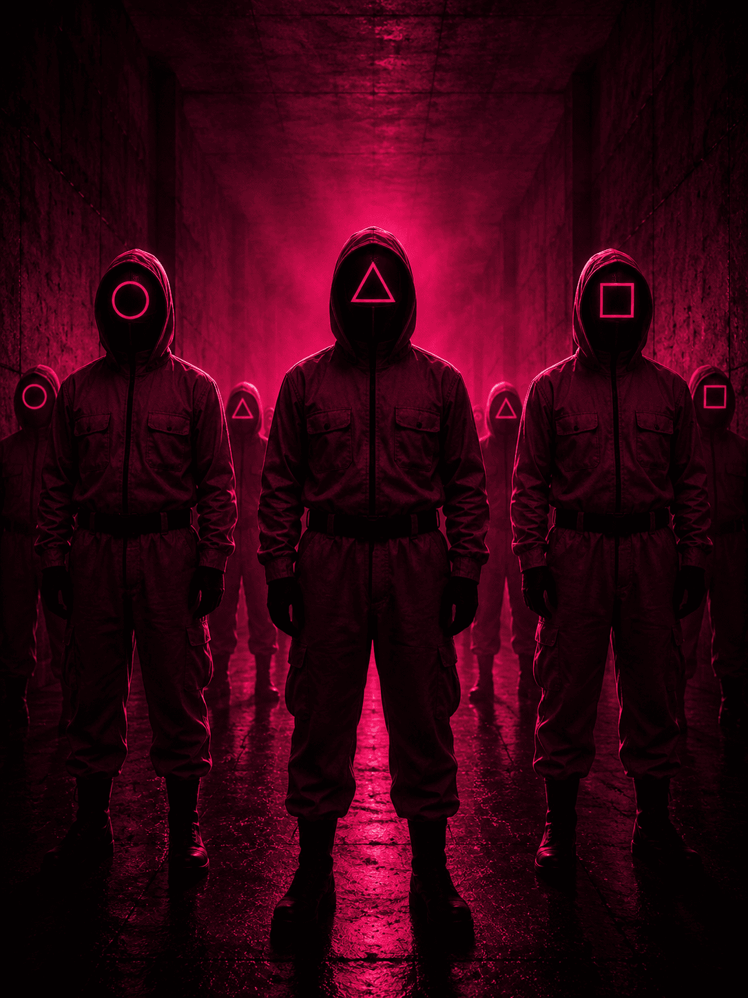 Masked pink-suit guards standing in a dark corridor